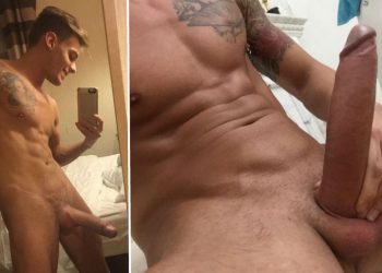 Hung muscle dude loves to show off his big uncut cock