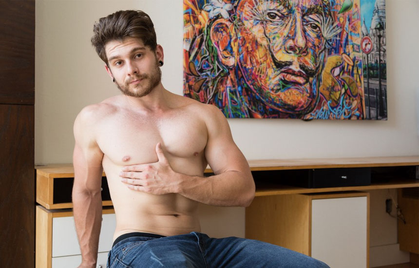 Cute newcomer Matty Strong strokes his dick for Next Door Studios