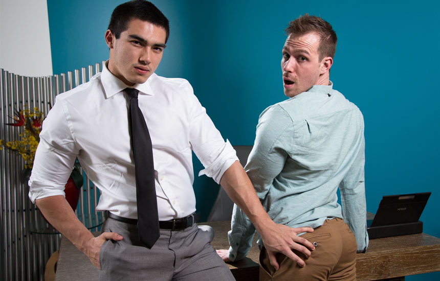 Blake Hunter bottoms for newcomer Axel Kane in "Office Offenders" from Next Door Studios