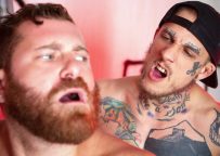 Tattooed power top Bo Sinn gives Riley Mitchel a hard, deep and raw pounding