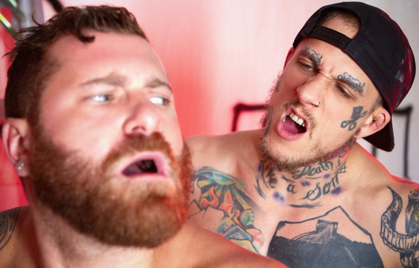 Tattooed power top Bo Sinn gives Riley Mitchel a hard, deep and raw pounding